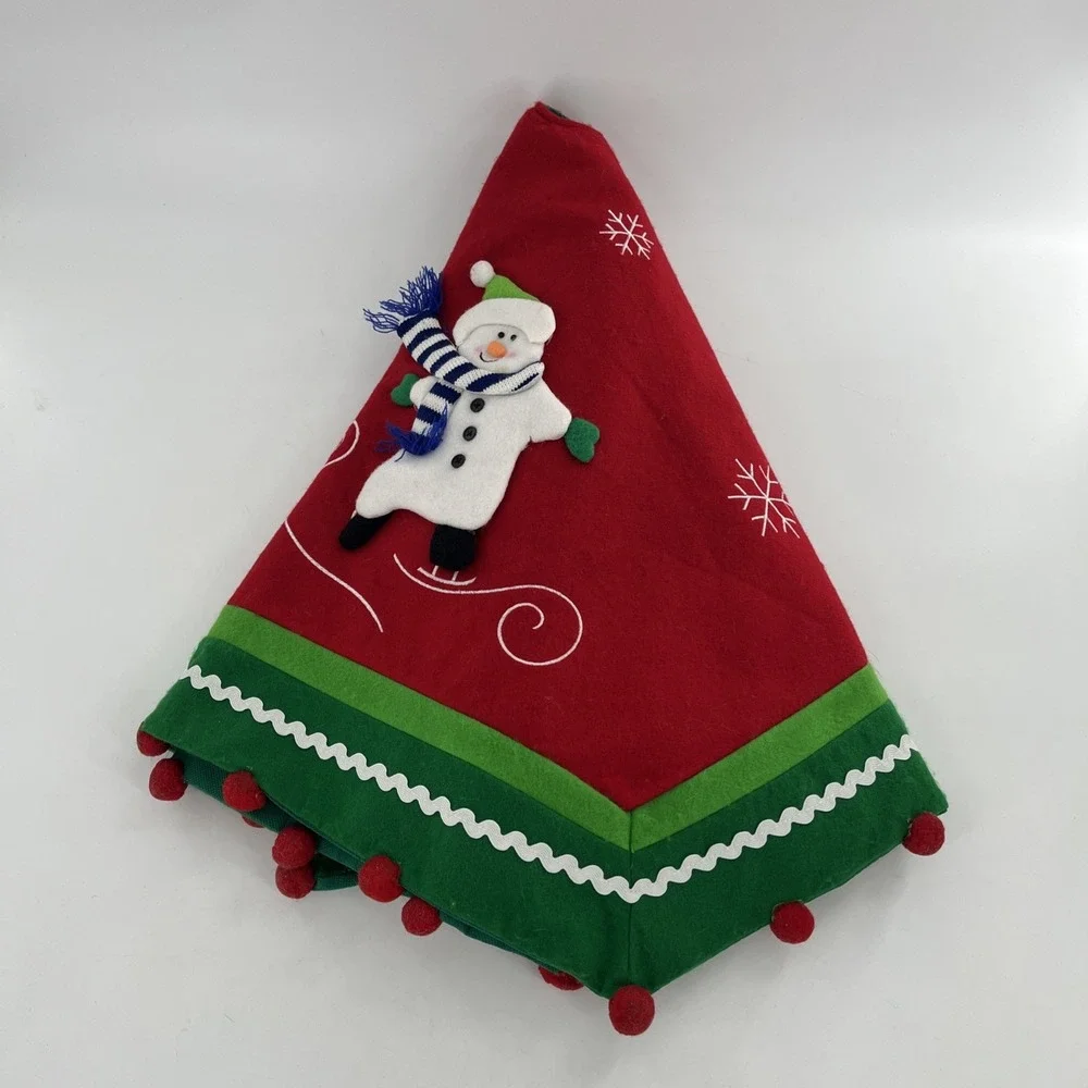 Vintage Felt Christmas Tree Skirt Table Cover 3D Snowman Pom Embroider Applique